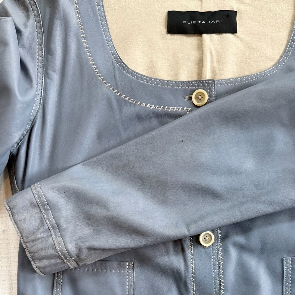 Elie Tahari Blue Grey Leather Blazer Jacket Top - Picture 7 of 7